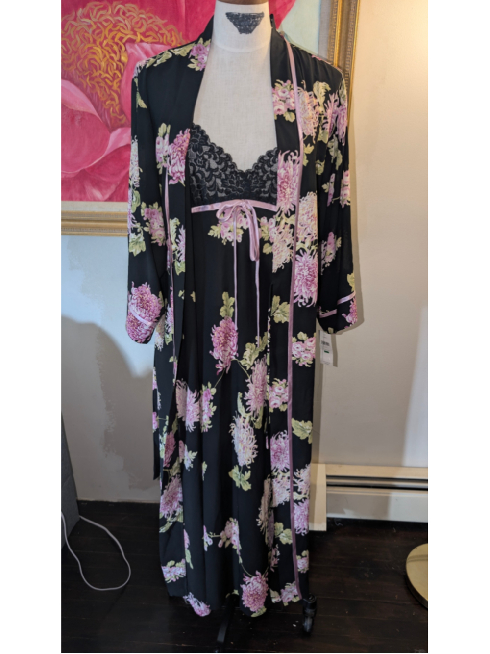 Women's Oscar de la Renta Floral Robe, Size L, Black and Pink